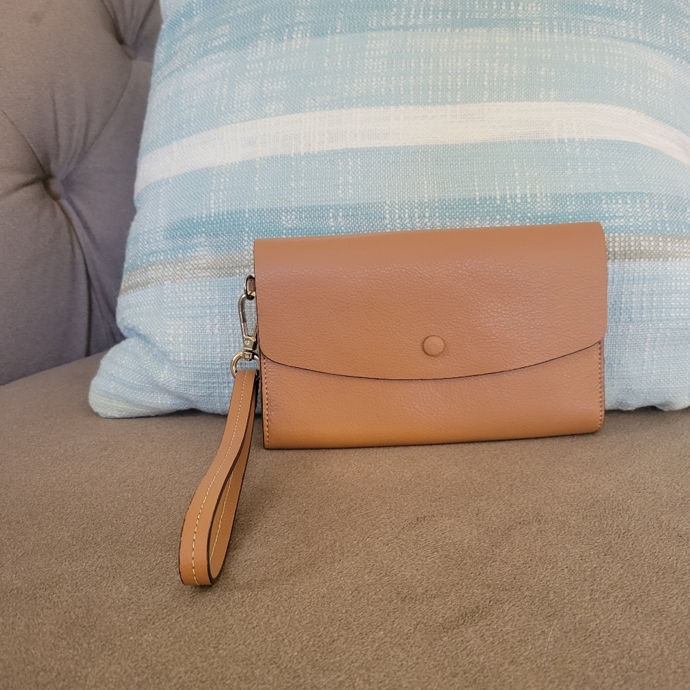 Halogen Nordstrom Pebbled Leather Wristlet Purse Wallet Tan